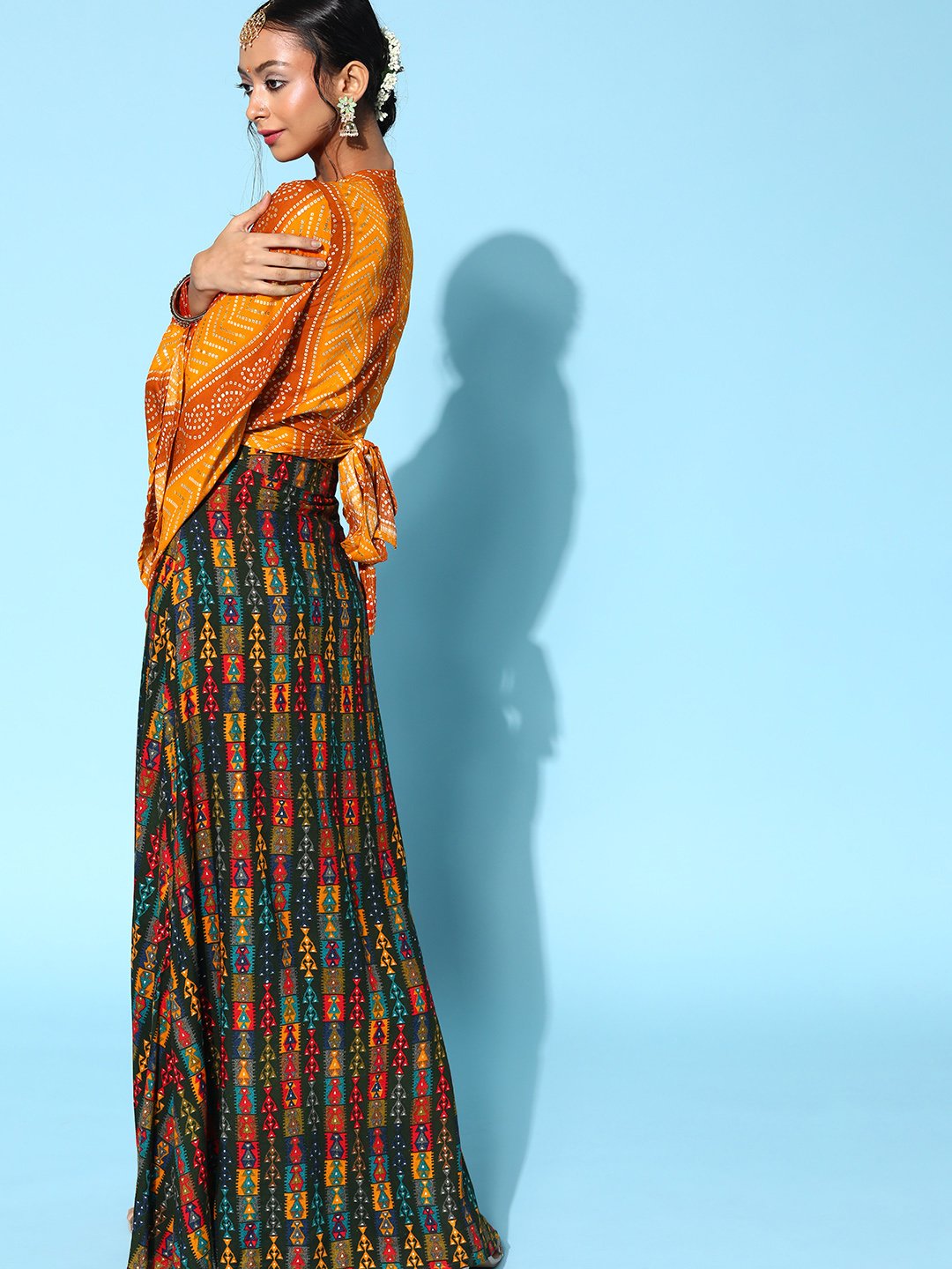 Pine Green Skirt With Yam Orange Bandhani Crop Top Set