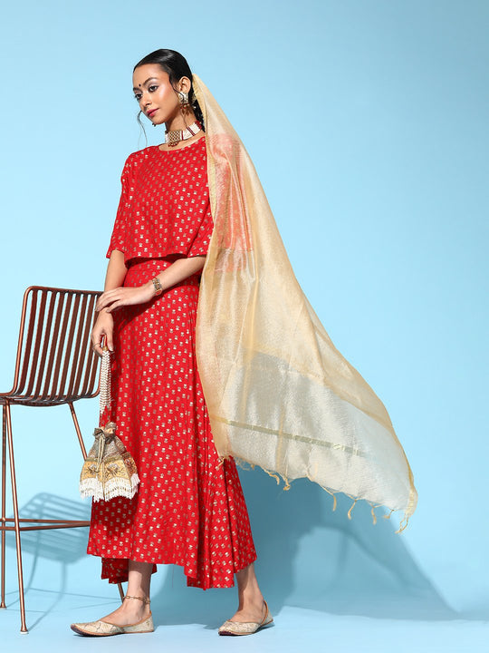 Currant Red Skirt And Crop Top With Dupatta Set