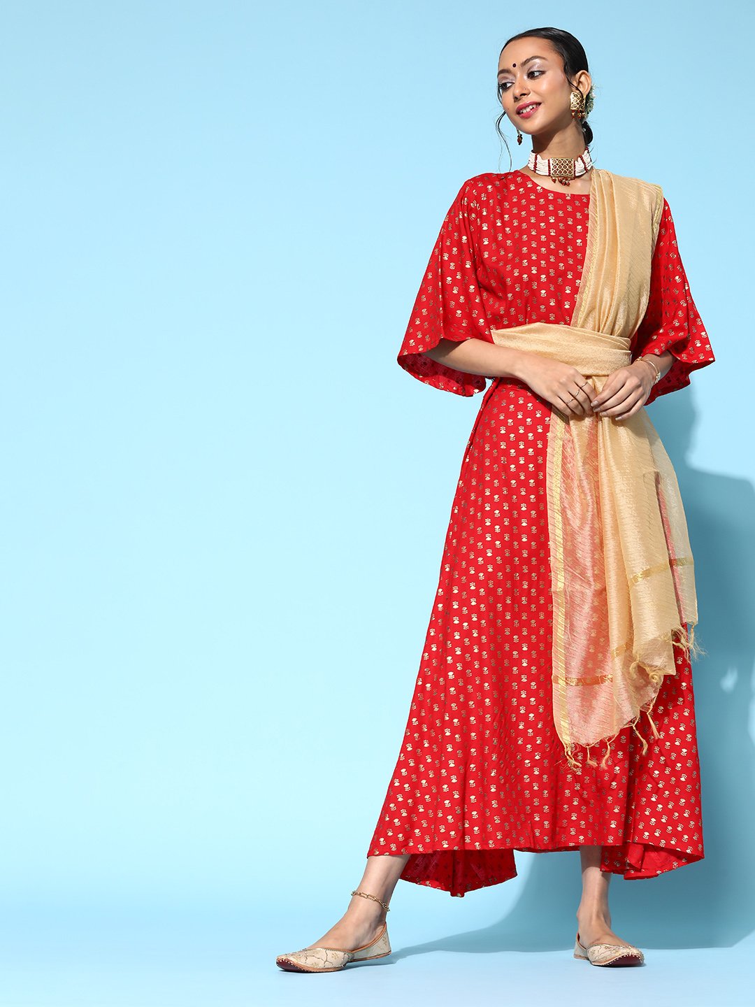 Currant Red Skirt And Crop Top With Dupatta Set