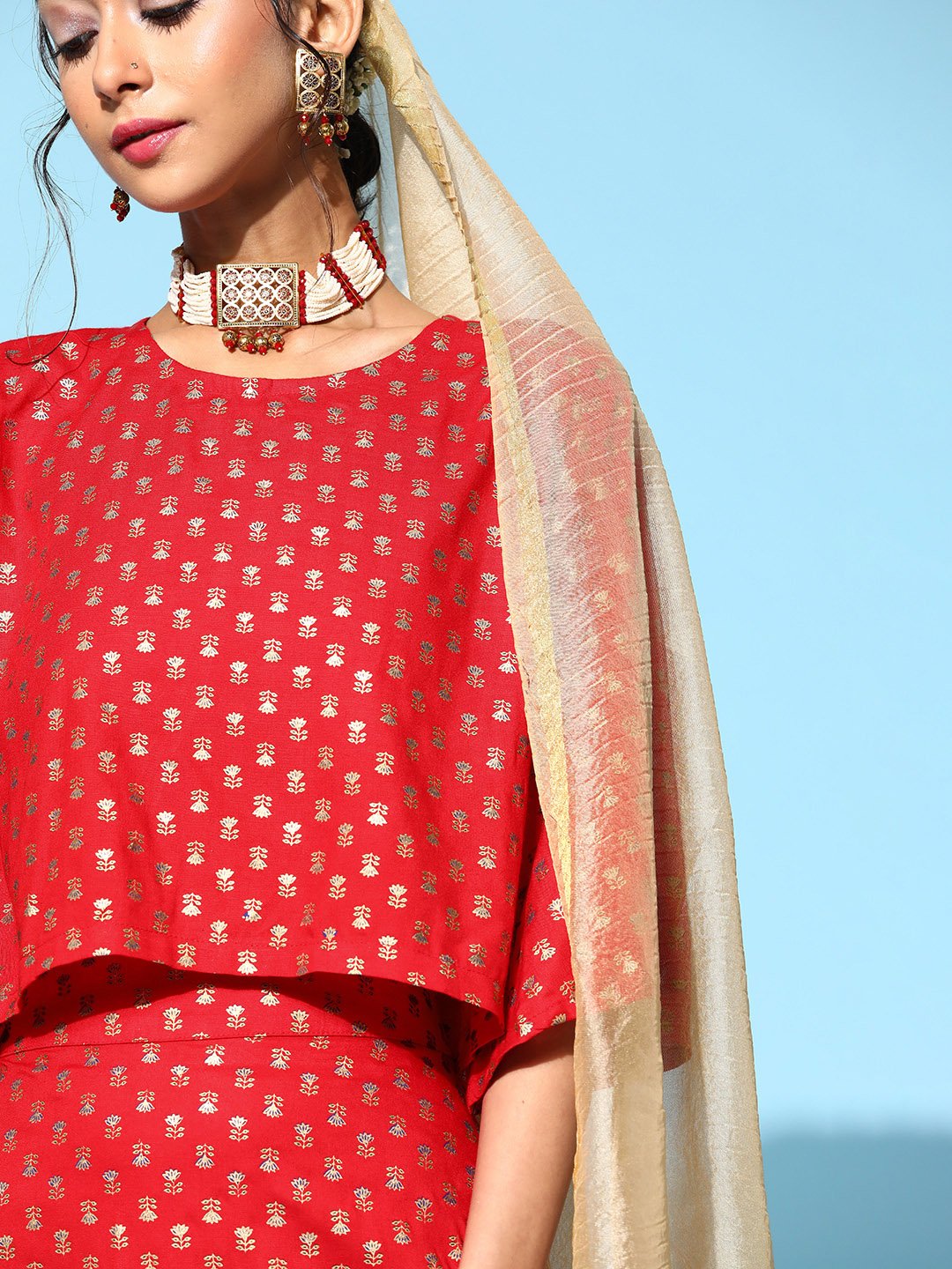 Currant Red Skirt And Crop Top With Dupatta Set