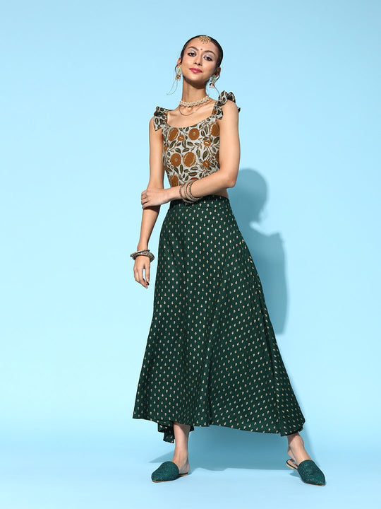 Slate Gray Crop Top With Forest Green Skirt Set