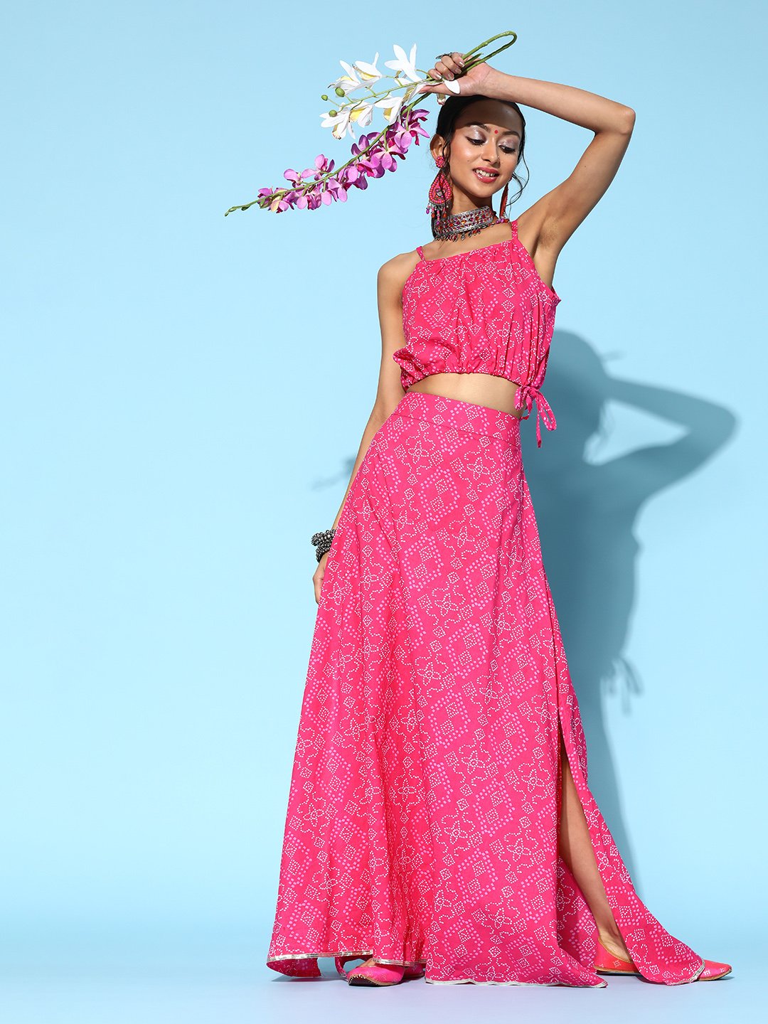 Ruby Pink Long Skirt With Slit And Crop Top Set