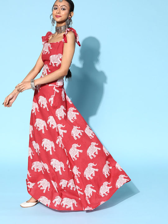 Red Elephant Long Skirt With Gathered Crop Top Set