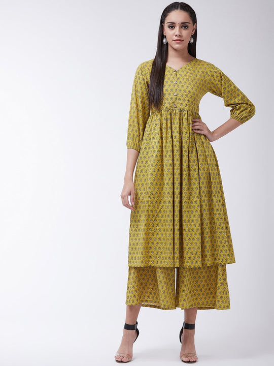 Yellow Floral Print Kurta Palazo Set