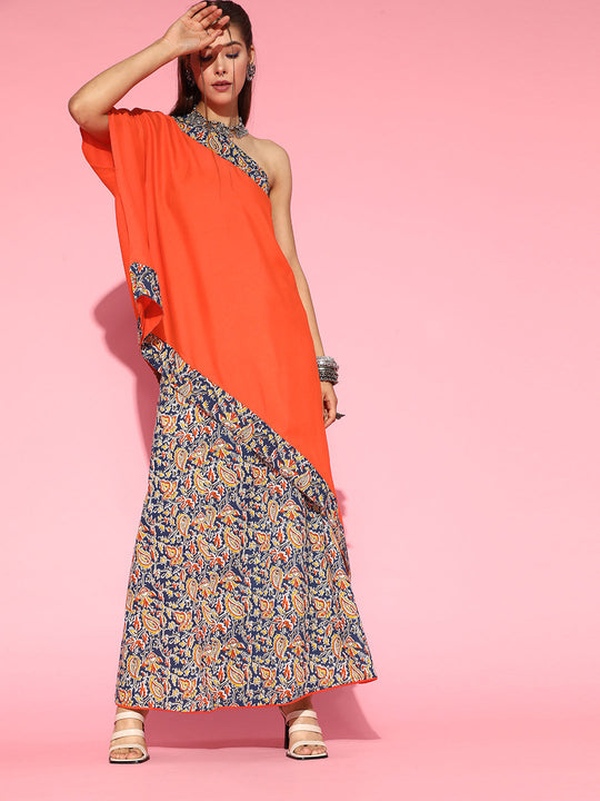 Tiger Orange One Shoulder Top With Skirt Set
