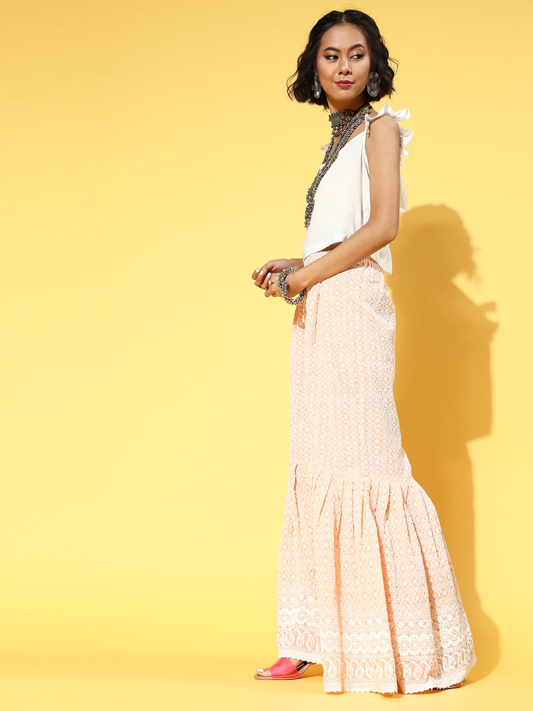 Crop Top With Peach Lace Work Sharara Set