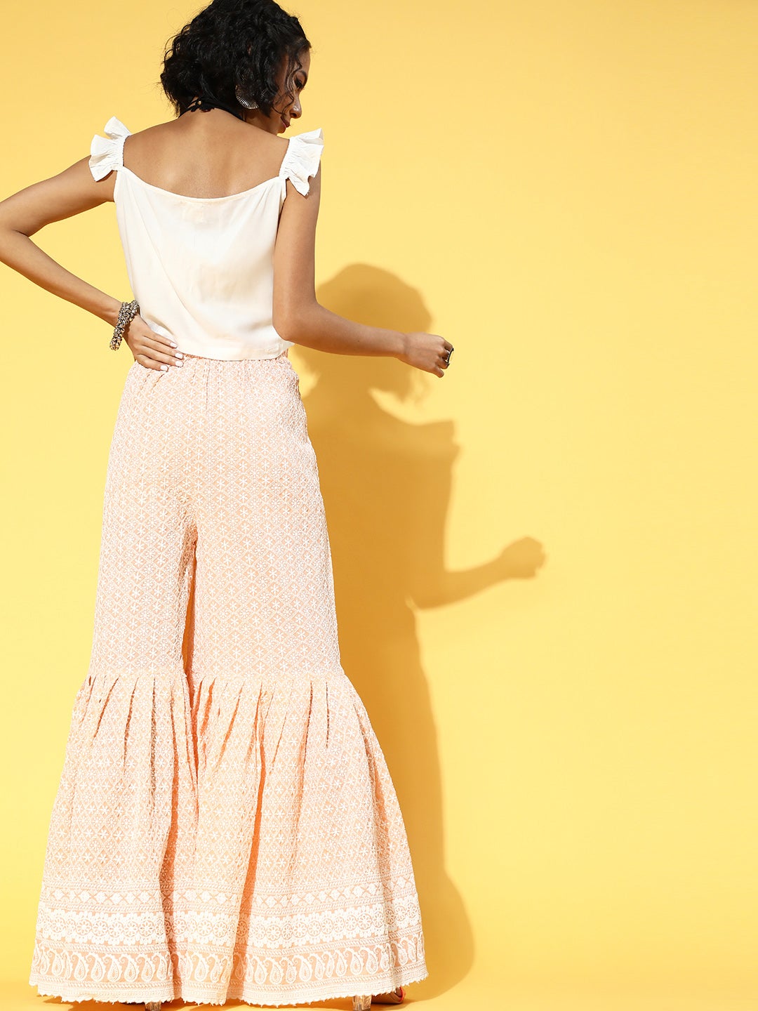 Crop Top With Peach Lace Work Sharara Set