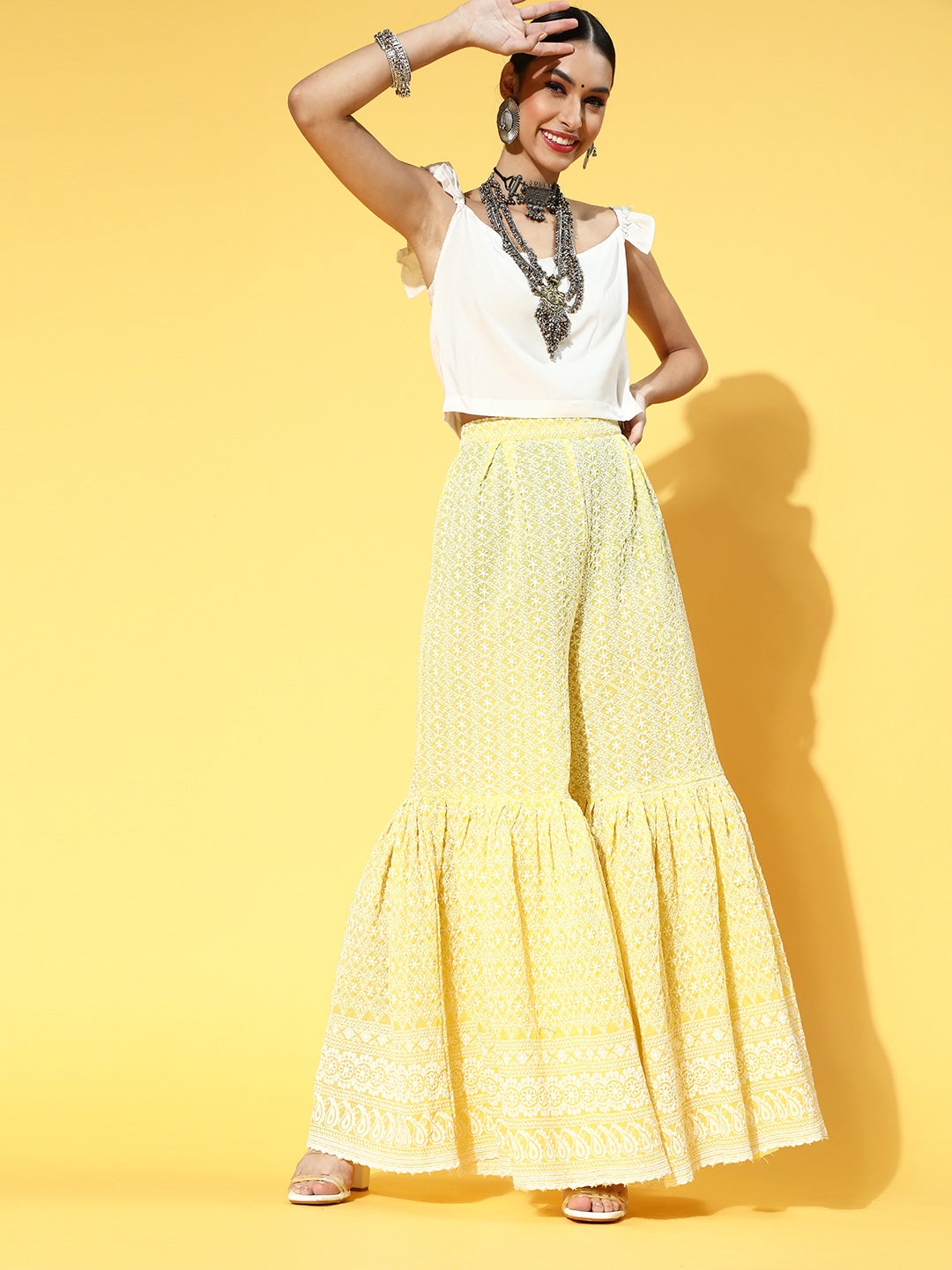 Crop Top With Yellow Lace Work Sharara Set