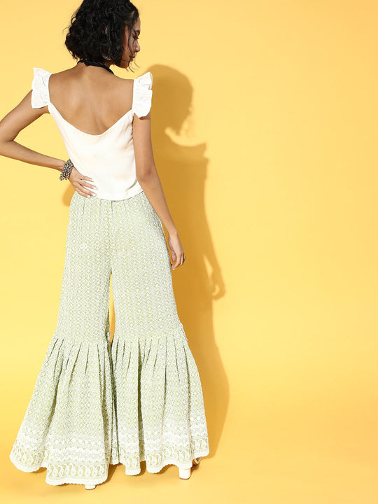 Crop Top With Sage Green Lace Work Sharara Set