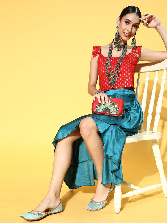 Red Crop Top And Olive Skirt Set