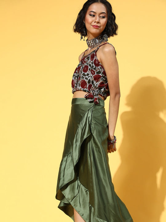 Grey Strappy Crop Top And Olive Skirt Set