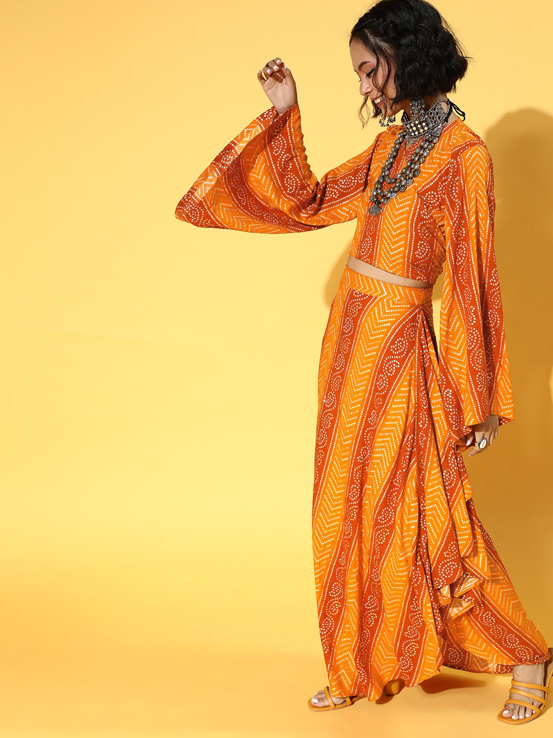 Yam Orange Bandhani Crop Top And Skirt Set