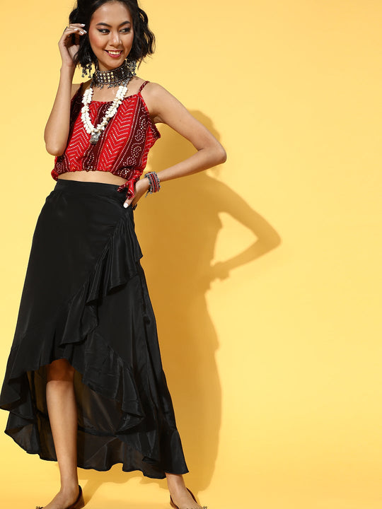 Red Strappy Crop Top And Black Skirt Set