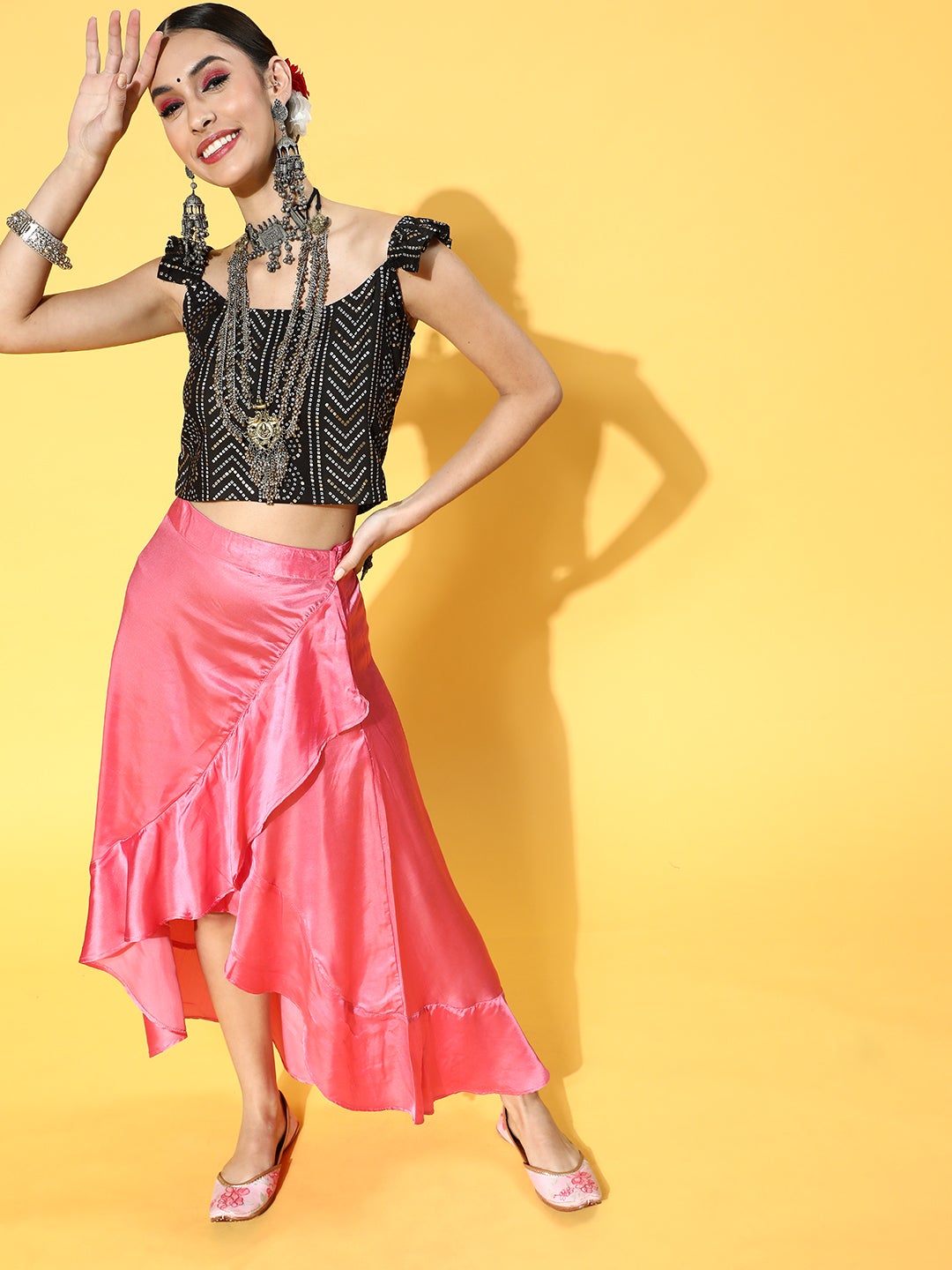 Black Bandhani Crop Top And Pink Skirt Set
