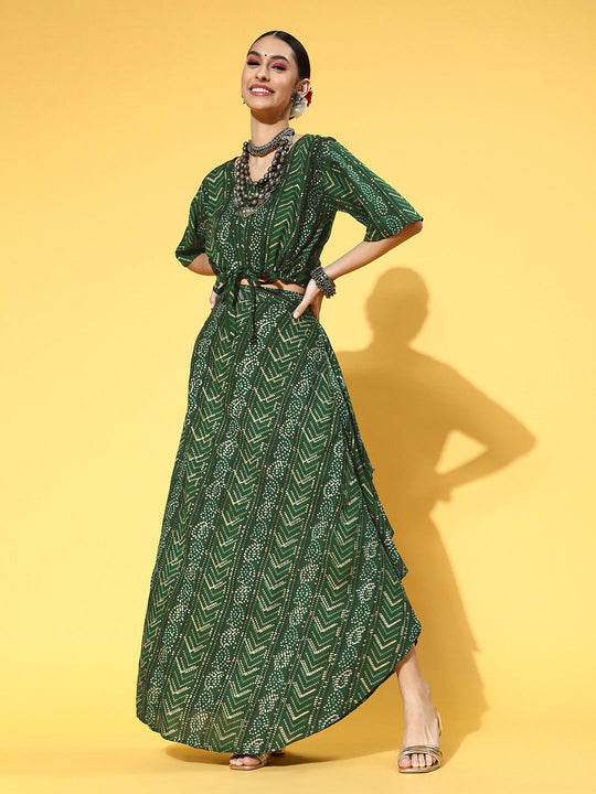 Green Gold Bandhani Crop Top Set