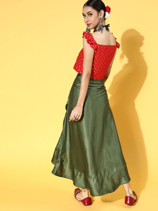 Red Crop Top And Teal Skirt Set
