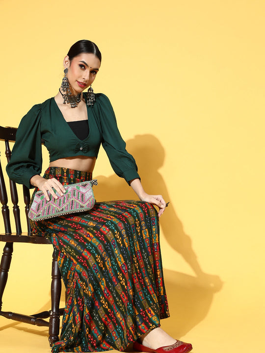 Pine Green Skirt With Dark Green Crop Top Set