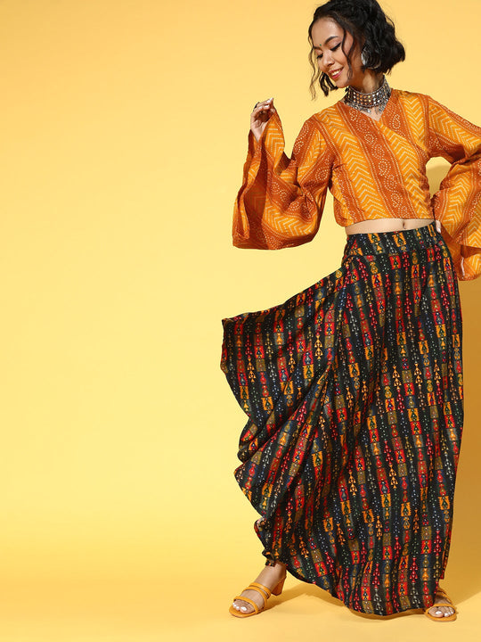 Black Printed Skirt With Yam Bandhani Crop Top Set