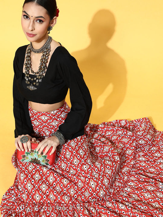 Black V-Neck Crop Top With Red Patola Skirt Set