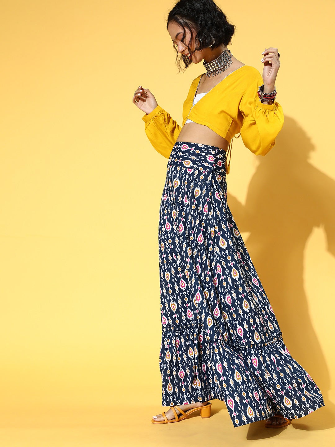 Mustard V-Neck Crop Top With Blue Patola Skirt Set