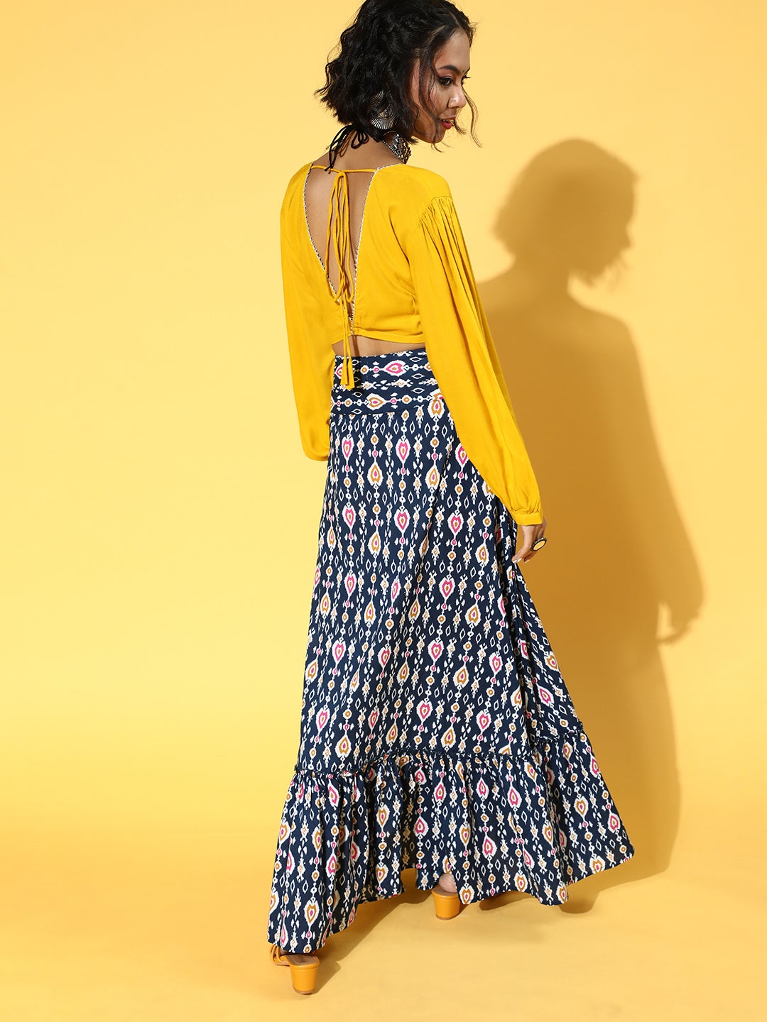 Mustard V-Neck Crop Top With Blue Patola Skirt Set