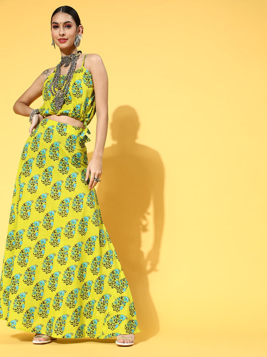 Green Boota Printed Crop Top With Skirt Set