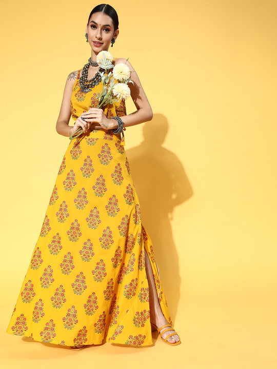 Mustard Boota Printed Crop Top With Skirt Set