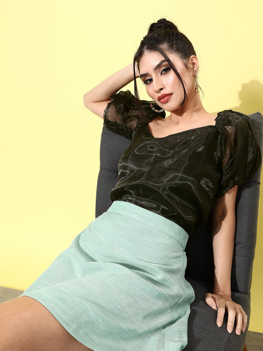 Black Organza Top Turquoise Skirt Set