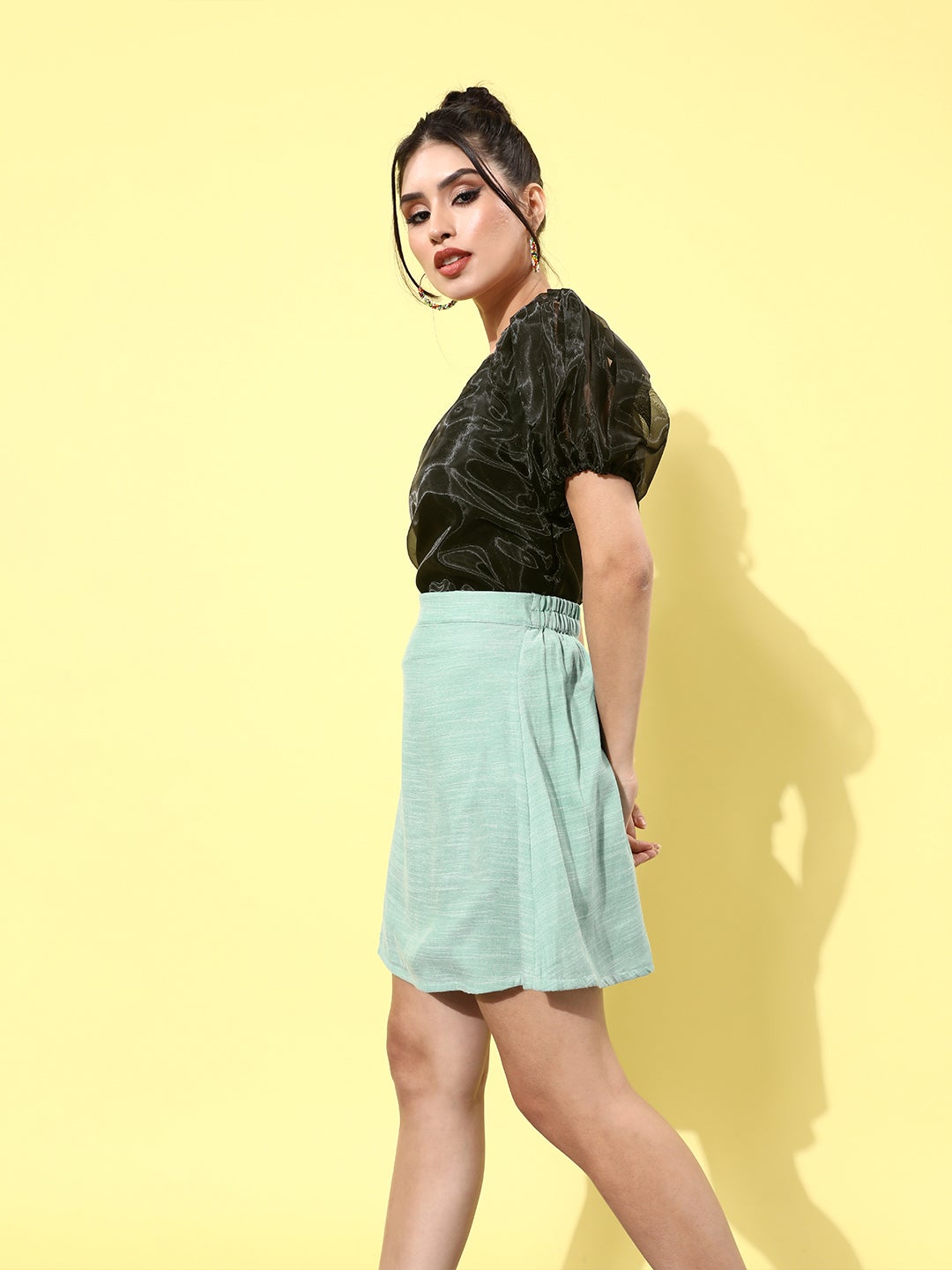 Black Organza Top Turquoise Skirt Set