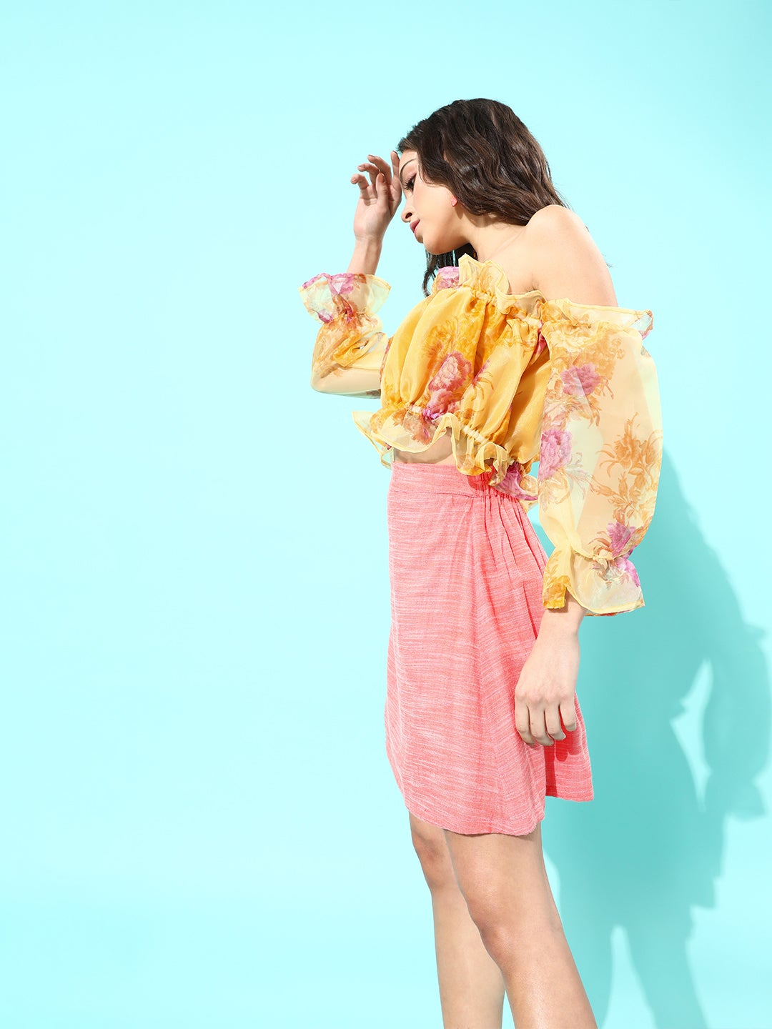 Mustard Off-Shoulder Organza Top With Peach Skirt Set