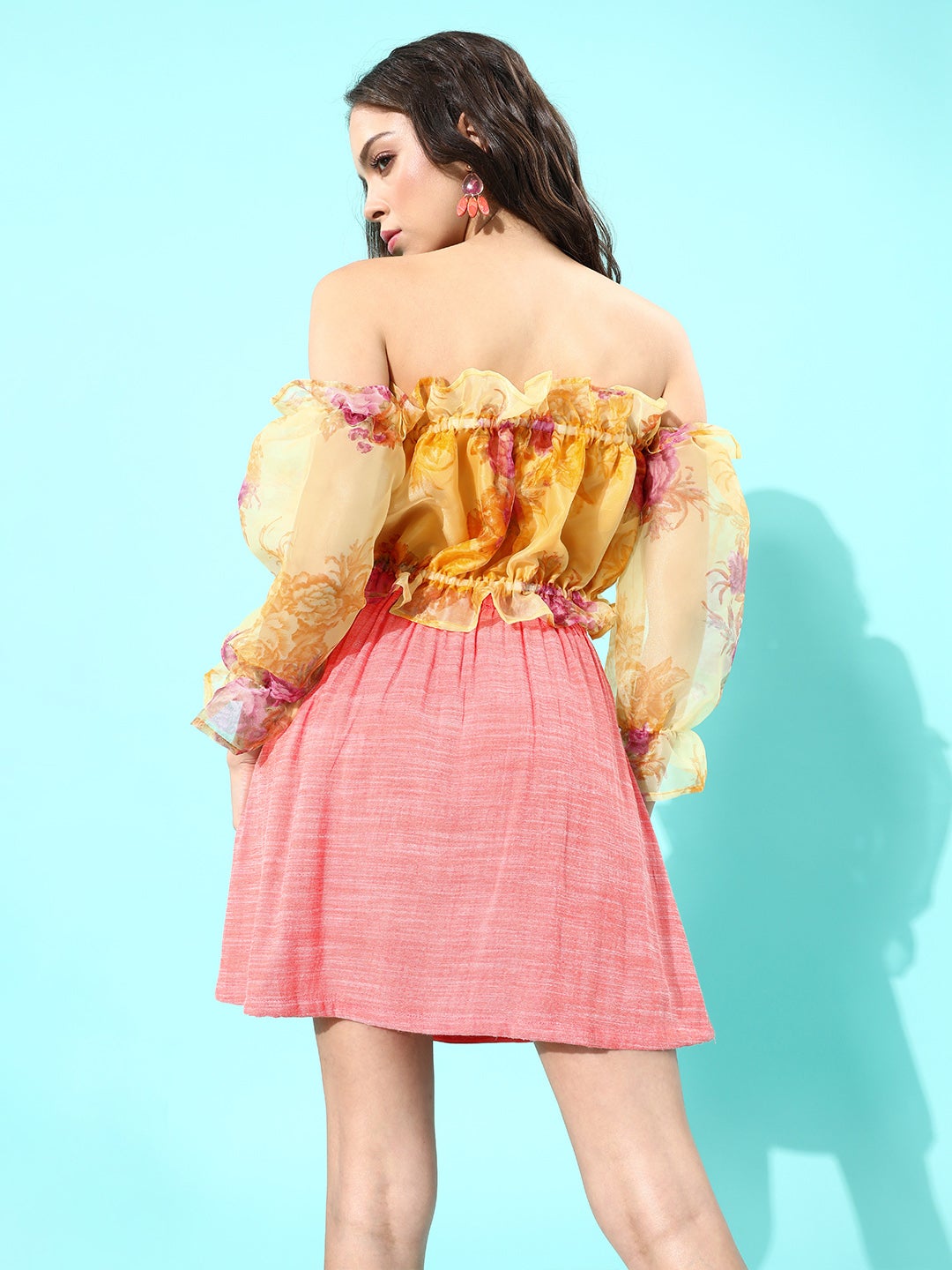 Mustard Off-Shoulder Organza Top With Peach Skirt Set