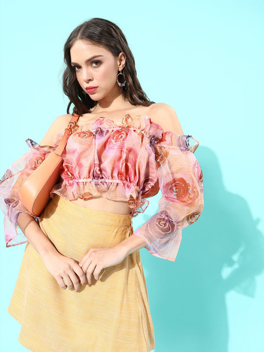 Peach Off-Shoulder Organza Top With Yellow Skirt Set