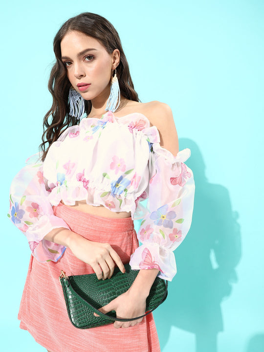 White Off-Shoulder Organza Top With Peach Skirt Set