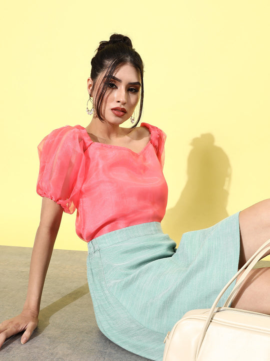 Peach Organza Top Turquoise Skirt Set