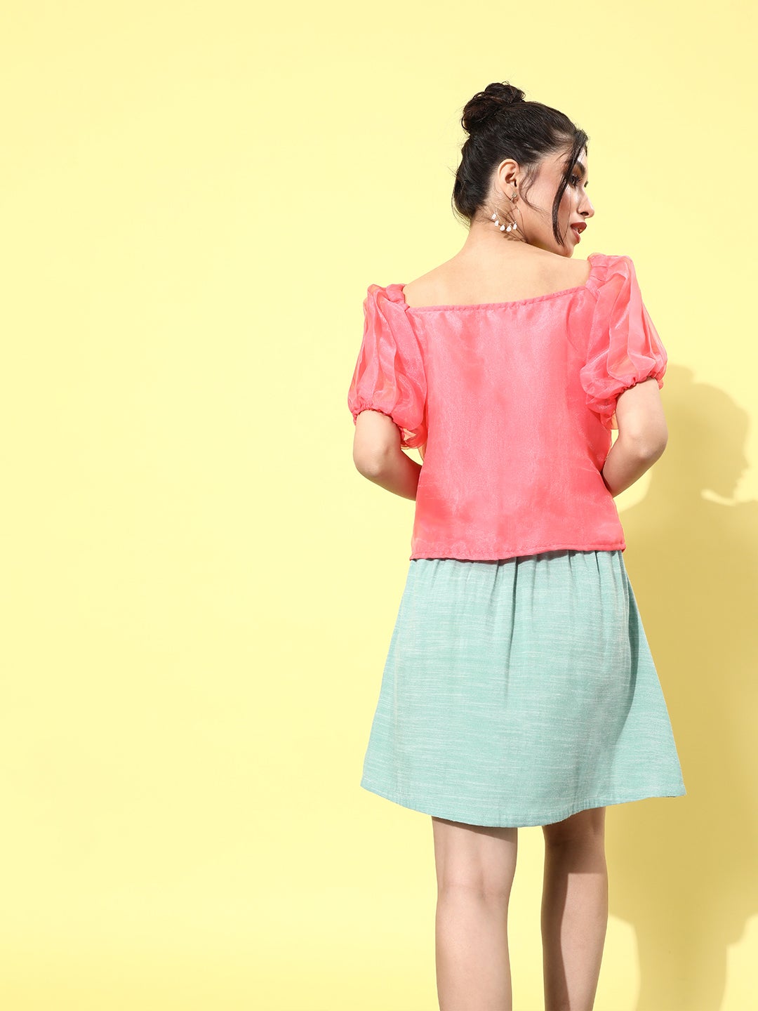 Peach Organza Top Turquoise Skirt Set