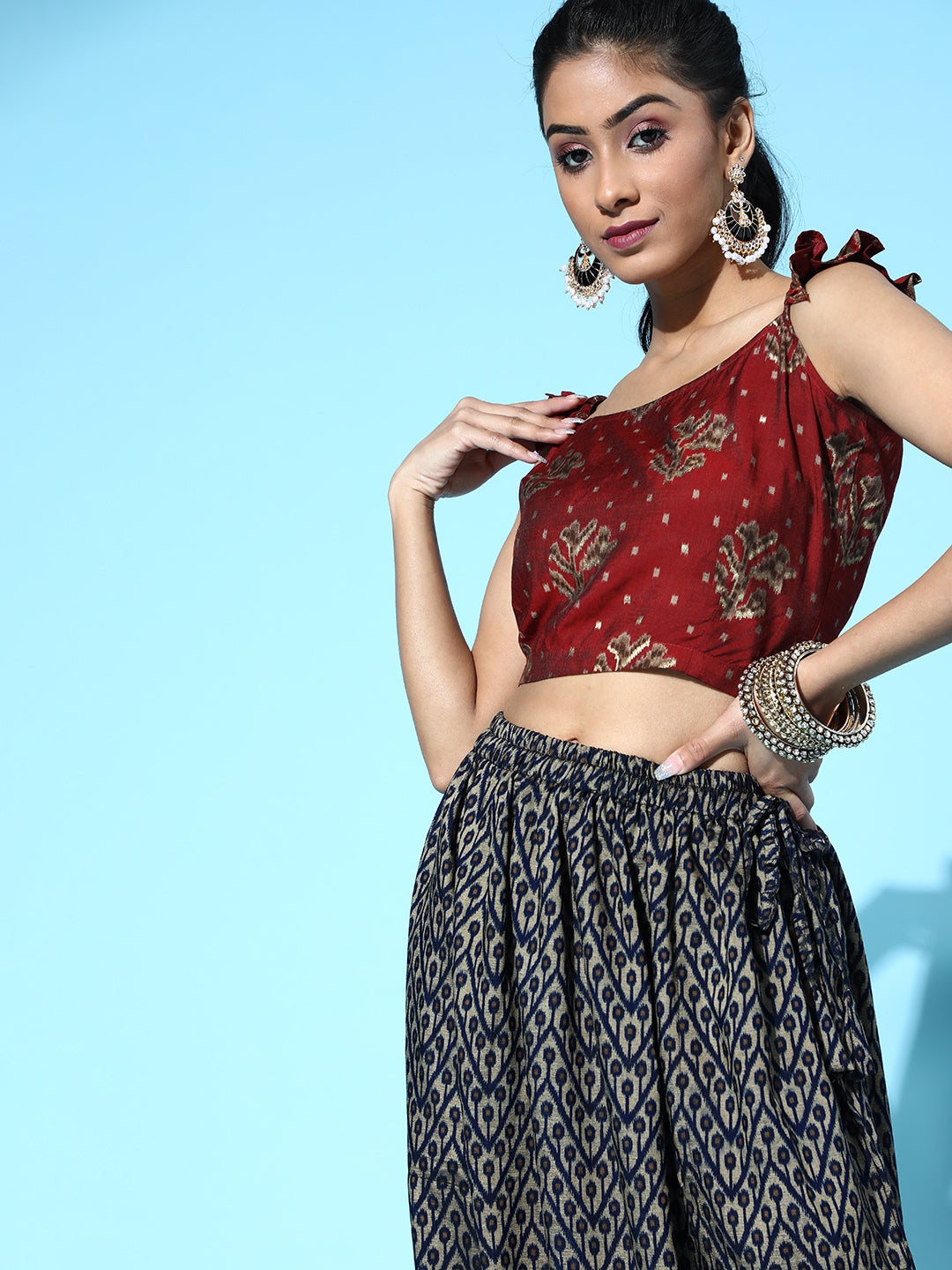 Maroon Crop Top & Navy Blue Cowl Dhoti Set