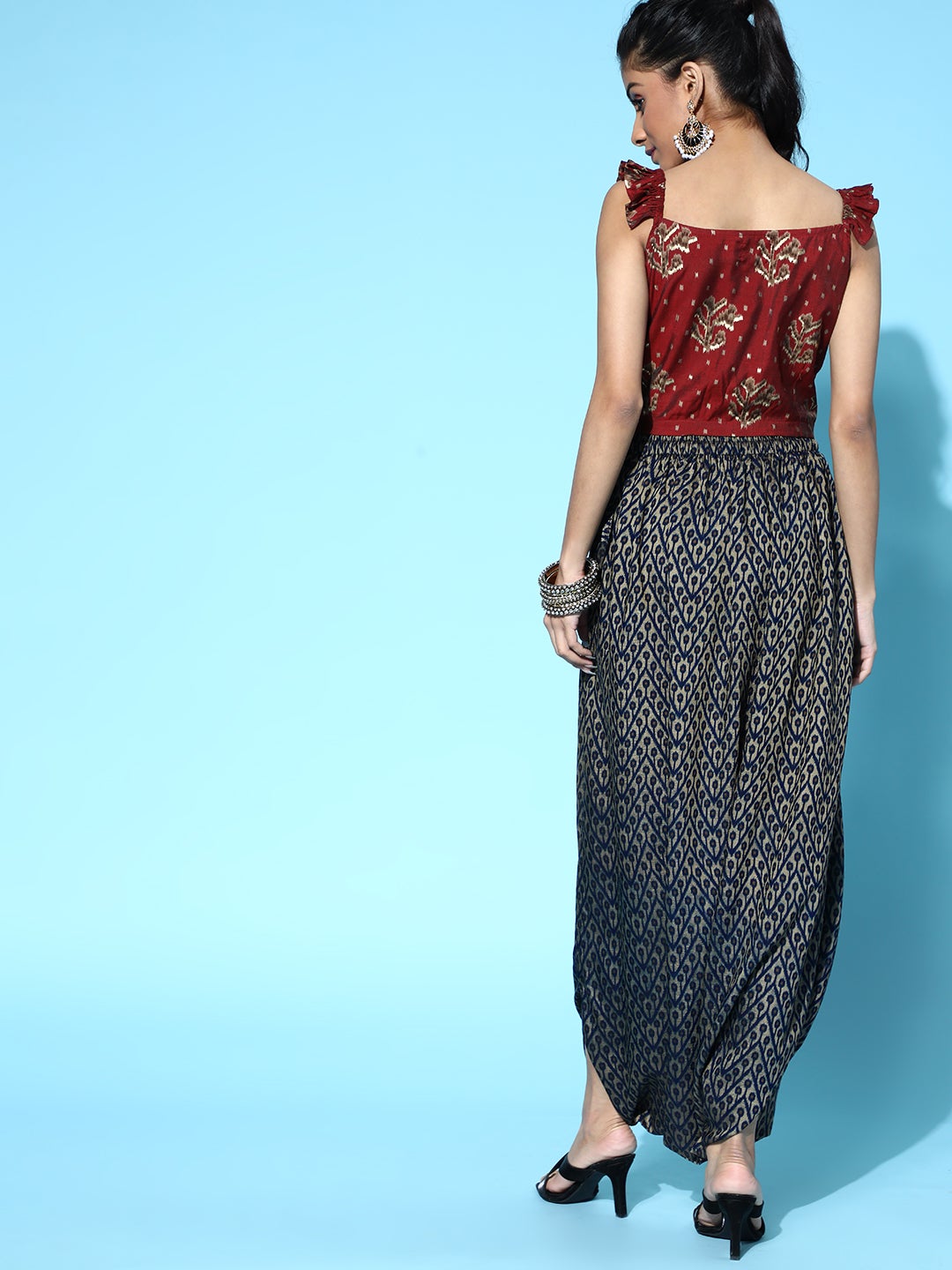 Maroon Crop Top & Navy Blue Cowl Dhoti Set