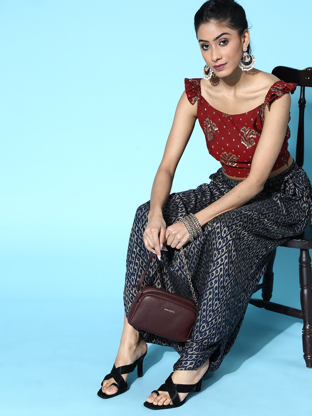 Maroon Crop Top & Navy Blue Cowl Dhoti Set