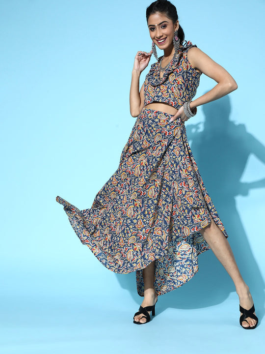 Blue Kalamkari Crop Top With Skirt Set