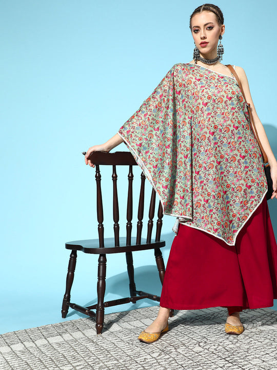 Green Floral Print Assymetric Dress With Maroon Palazzo Set