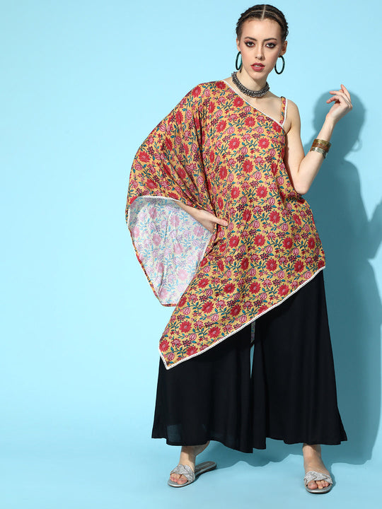 Mustard Floral Print Assymetric Dress With Black Palazzo Set