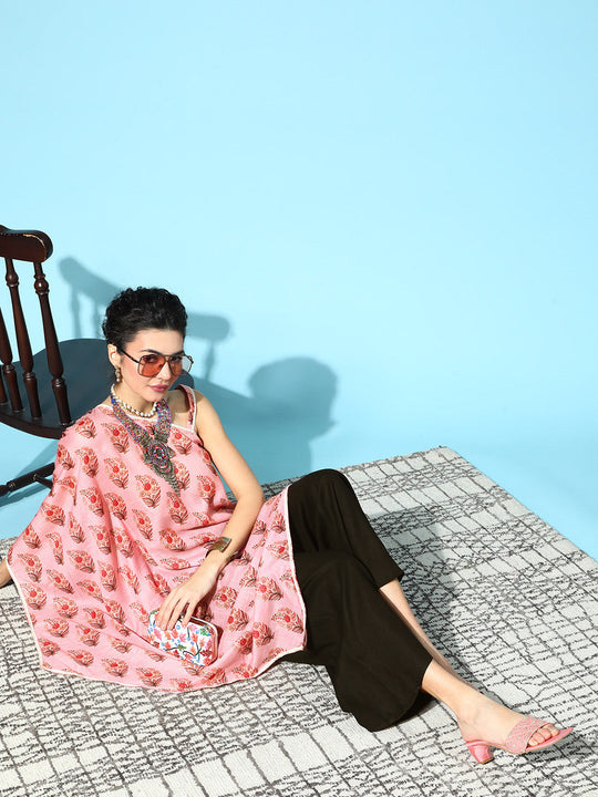 Peach Printed Assymetric Dress With Black Palazzo Set