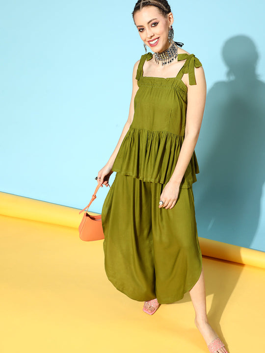 Olive Shoulder Tie-Up Top With Side Slit Palazzo Set