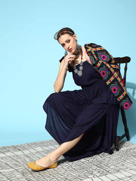 Navy Blue Shoulder Tie-Up Top With Side Slit Palazzo Set