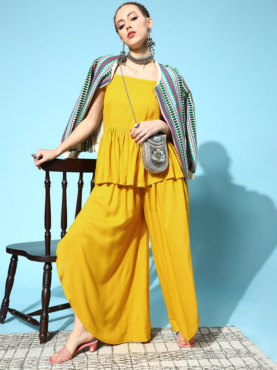 Mustard Shoulder Tie-Up Top With Side Slit Palazzo Set