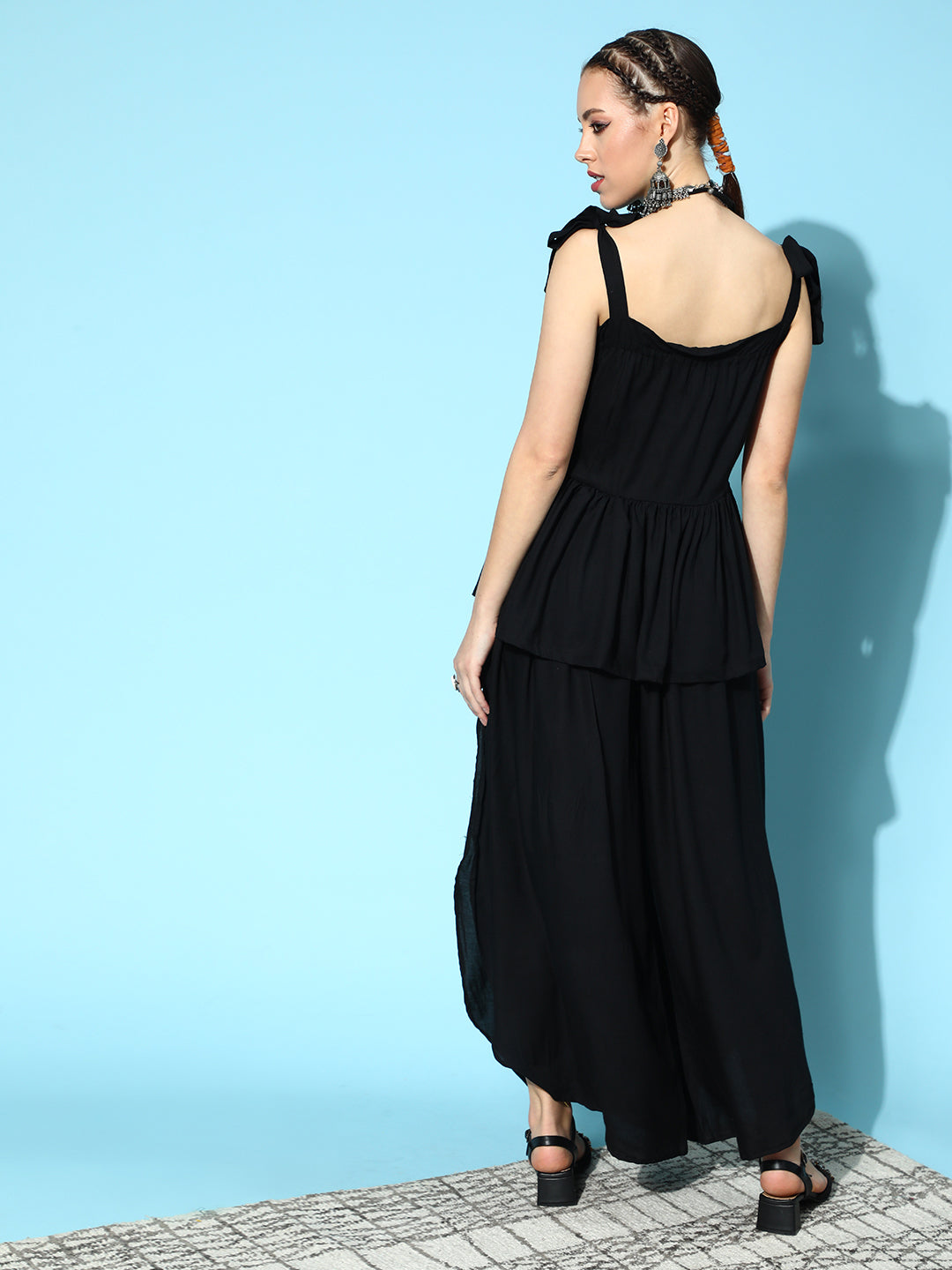 Black Tie-Up Top With Side Slit Palazzo