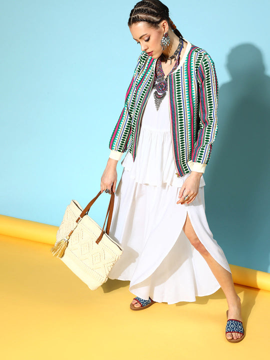 White Shoulder Tie-Up Top With Side Slit Palazzo Set
