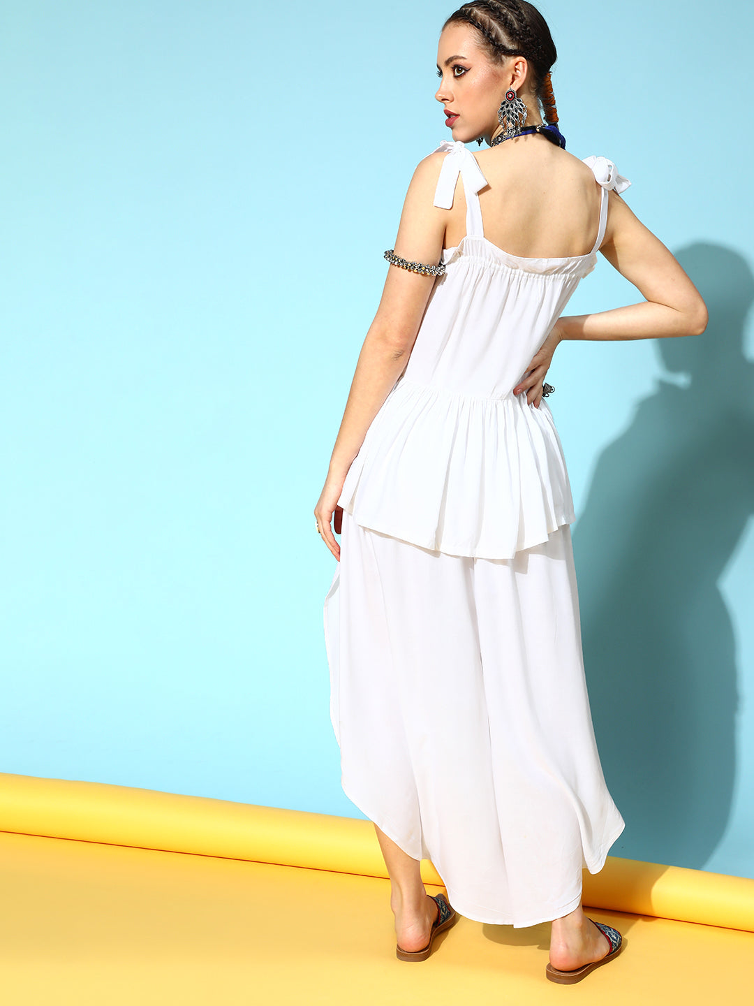 White Shoulder Tie-Up Top With Side Slit Palazzo Set