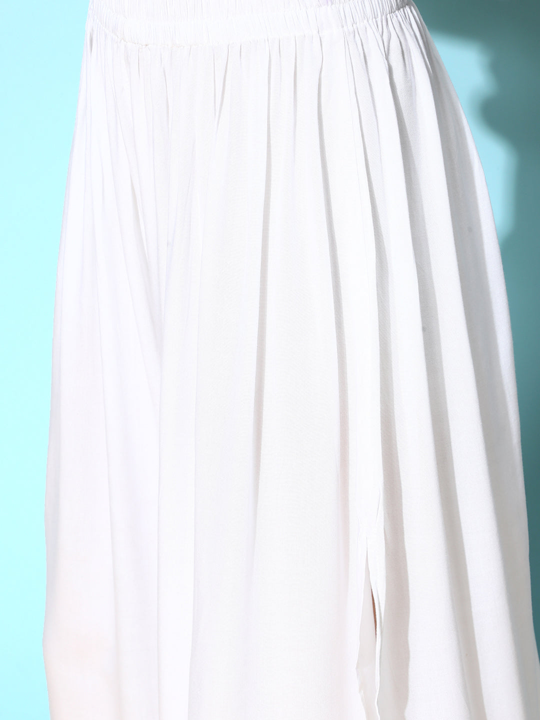 White Shoulder Tie-Up Top With Side Slit Palazzo Set