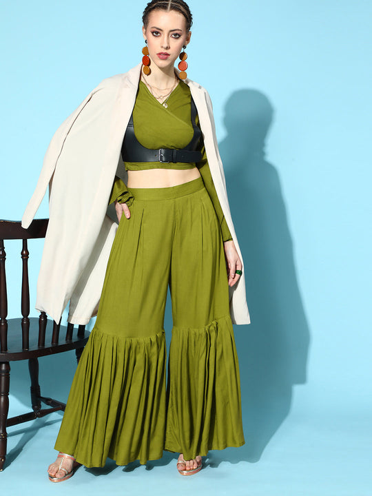 Solid Olive Flared Sleeve Top With Olive Sharara Set